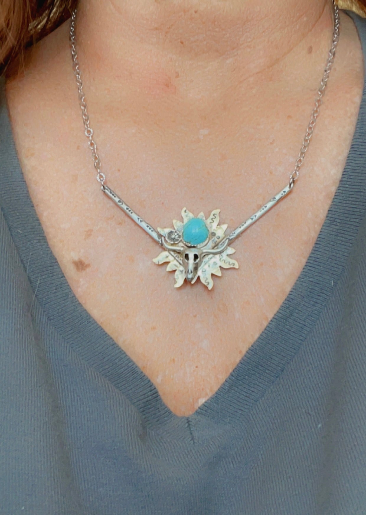 Longhorn Cow Skull Necklace: Turquoise, Sterling Silver