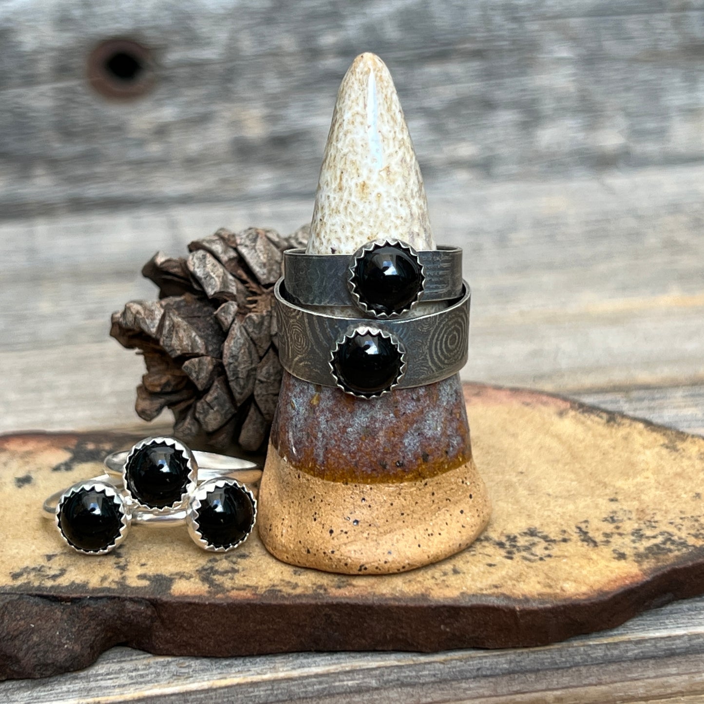 Onyx textured wide band rings: Sterling Silver