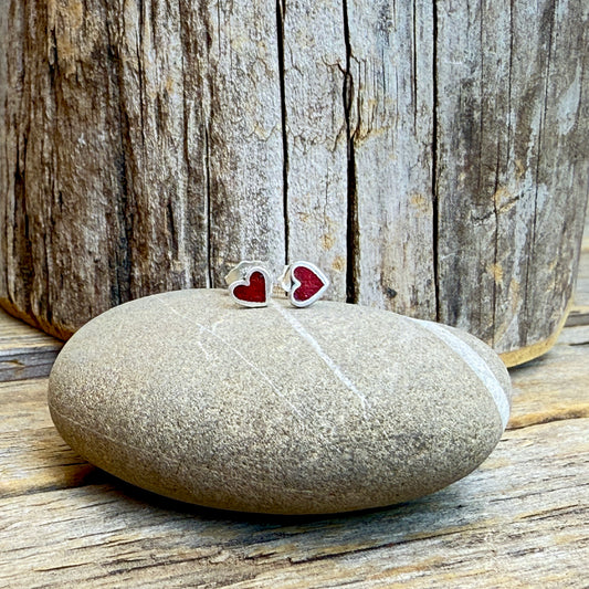 Tiny Red Heart Sterling Silver Stud Earrings: Coral Inlay