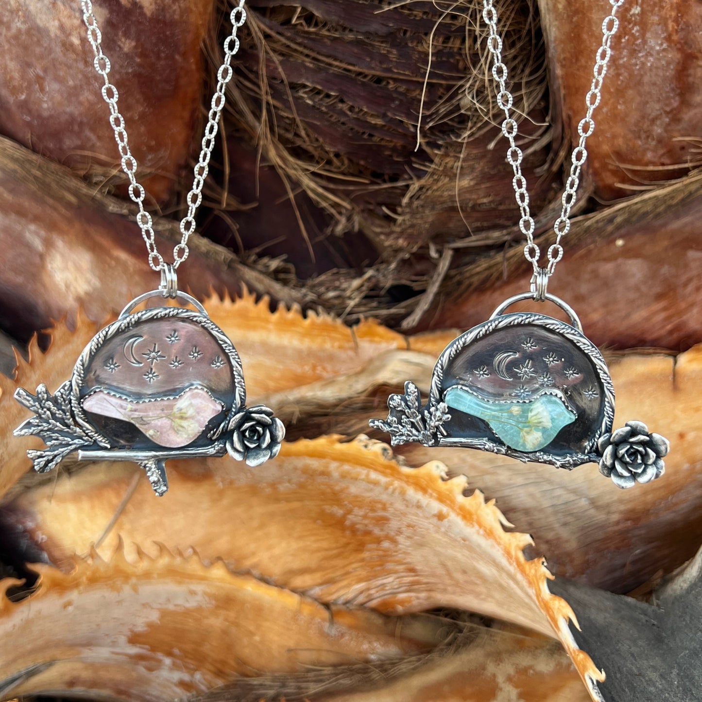 Pink Bird, Starry Night, Unique Sterling Silver necklace