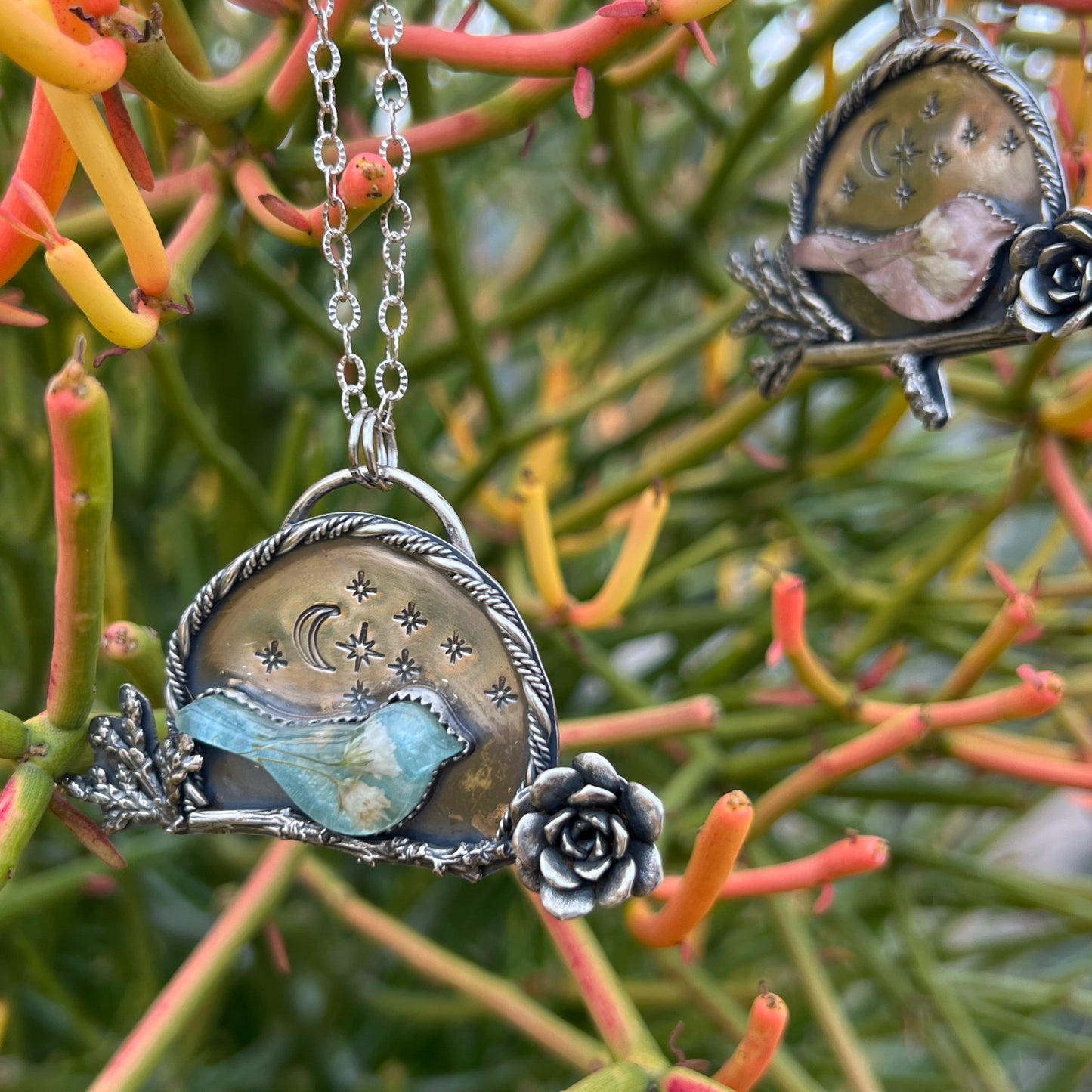 Blue Bird, Starry Night, Handmade Unique Sterling Silver Necklace