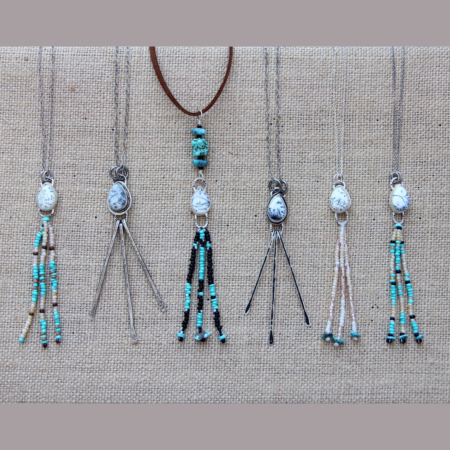 Dendritic Agate Sterling Silver necklace with beaded fringe