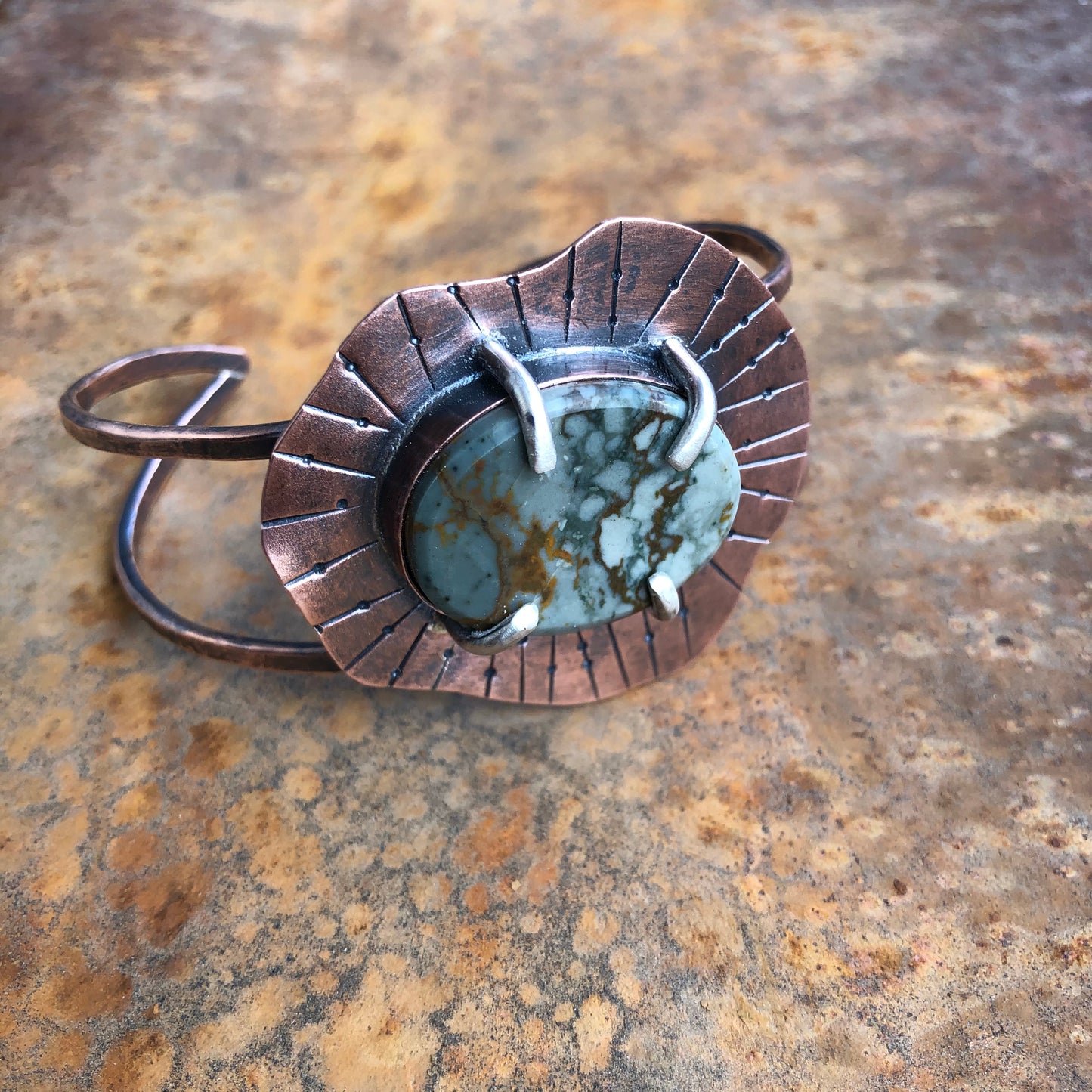 Boho Vibes: Green Jasper & Copper Sunburst Cuff Bracelet