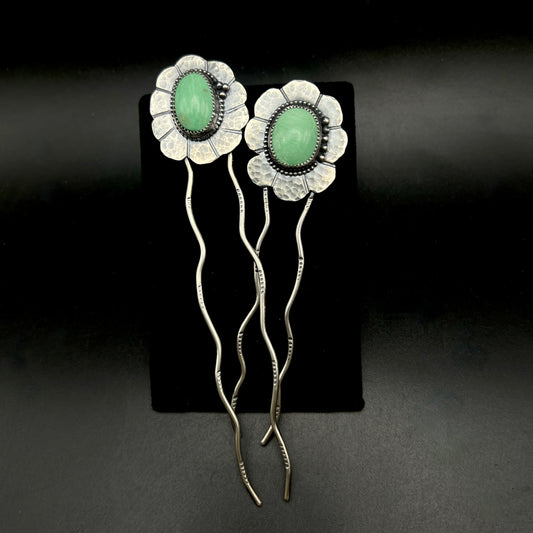 Flower Hair Pin with Lucin Variscite: Handmade Sterling Silver