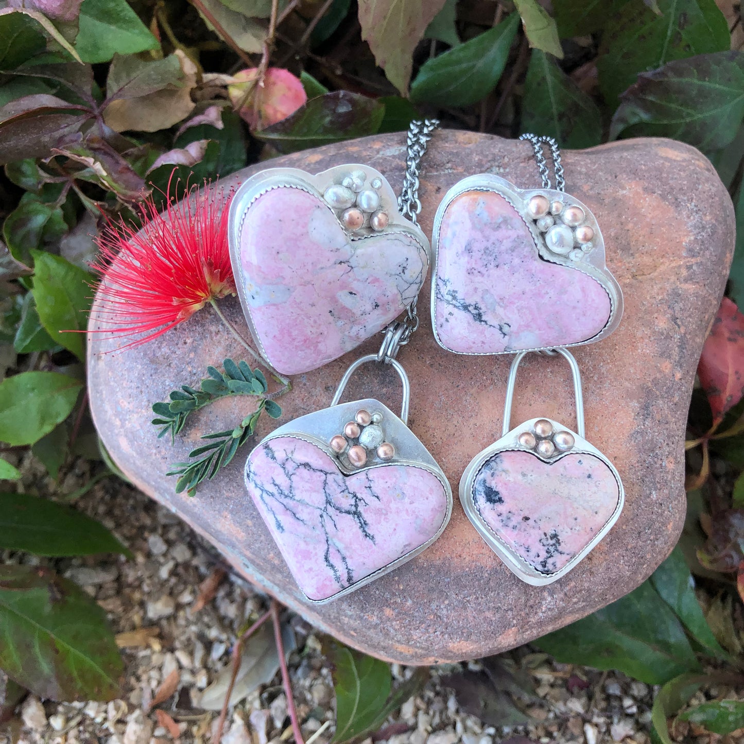 Large Rhodonite Pink Heart Necklace: Sterling Silver