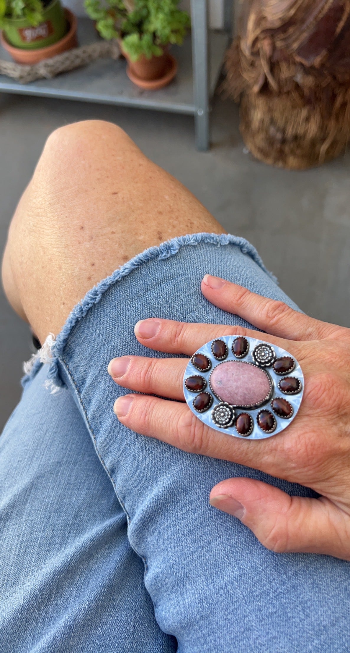 Rhodonite & Red Tigers Eye Cluster Ring with flowers: Sterling Silver