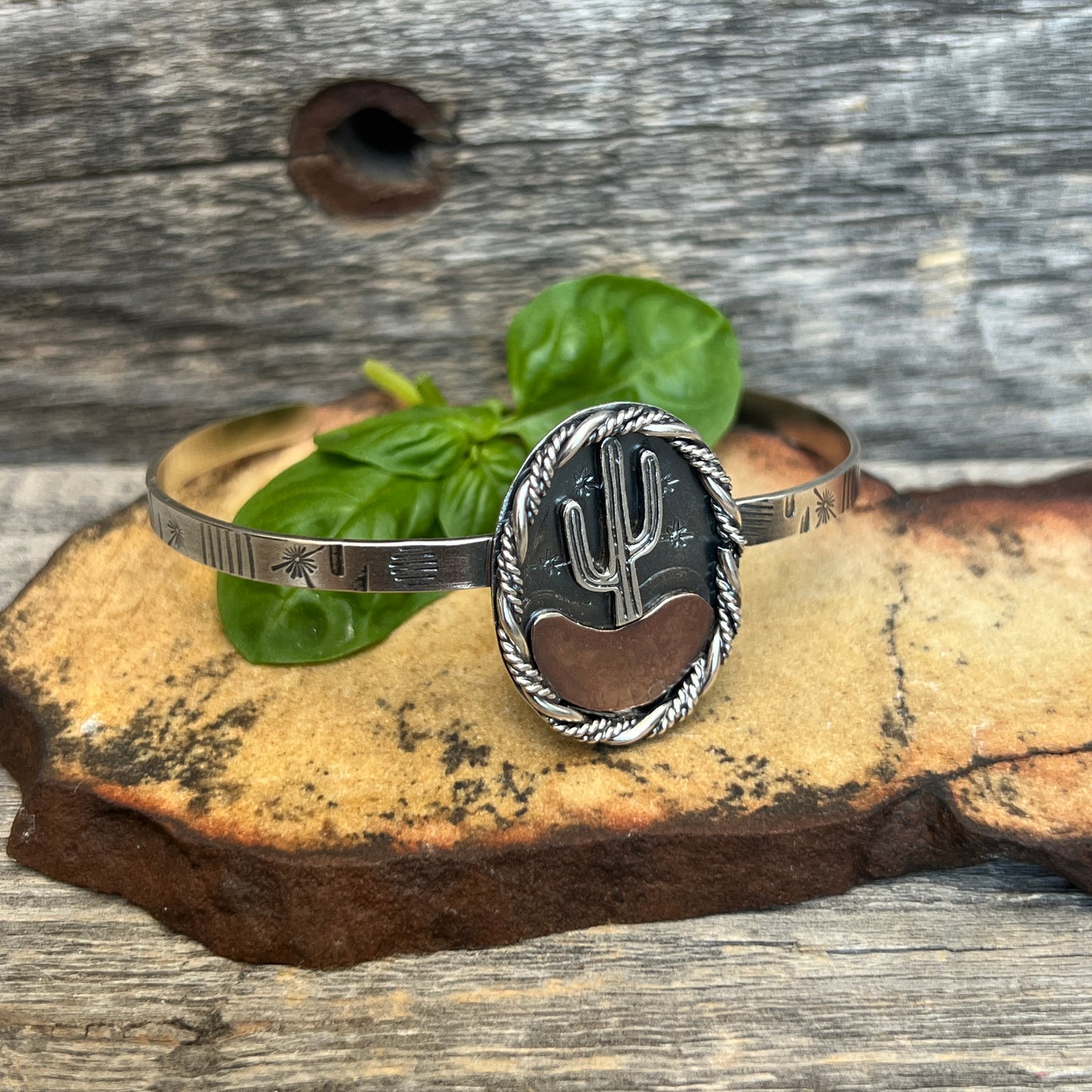 Starry Night Desert Landscape Ring with Saguaro: Sterling Silver