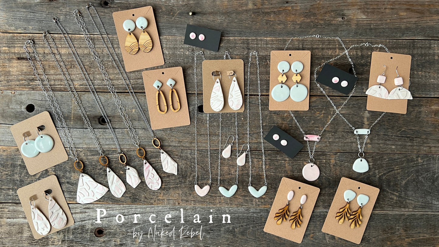 Pale blue porcelain with fun wood dangle, Titanium post earrings