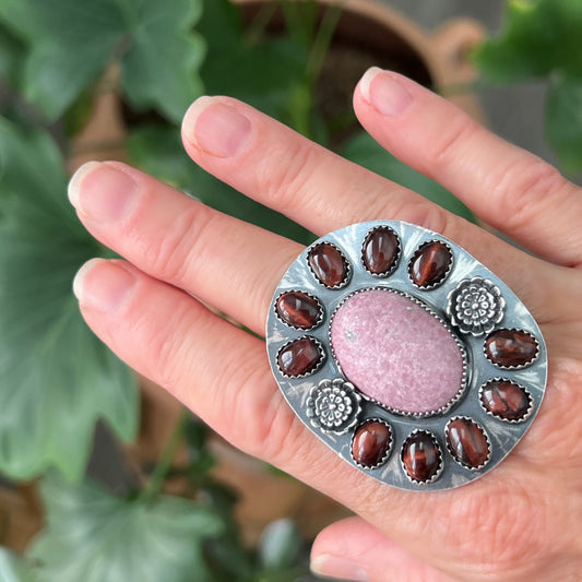 Rhodonite & Red Tigers Eye Cluster Ring with flowers: Sterling Silver