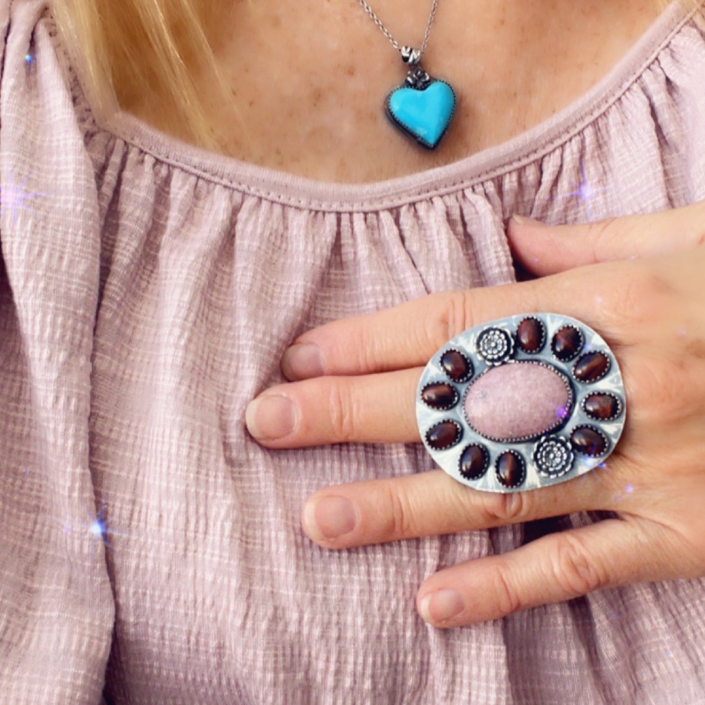 Rhodonite & Red Tigers Eye Cluster Ring with flowers: Sterling Silver