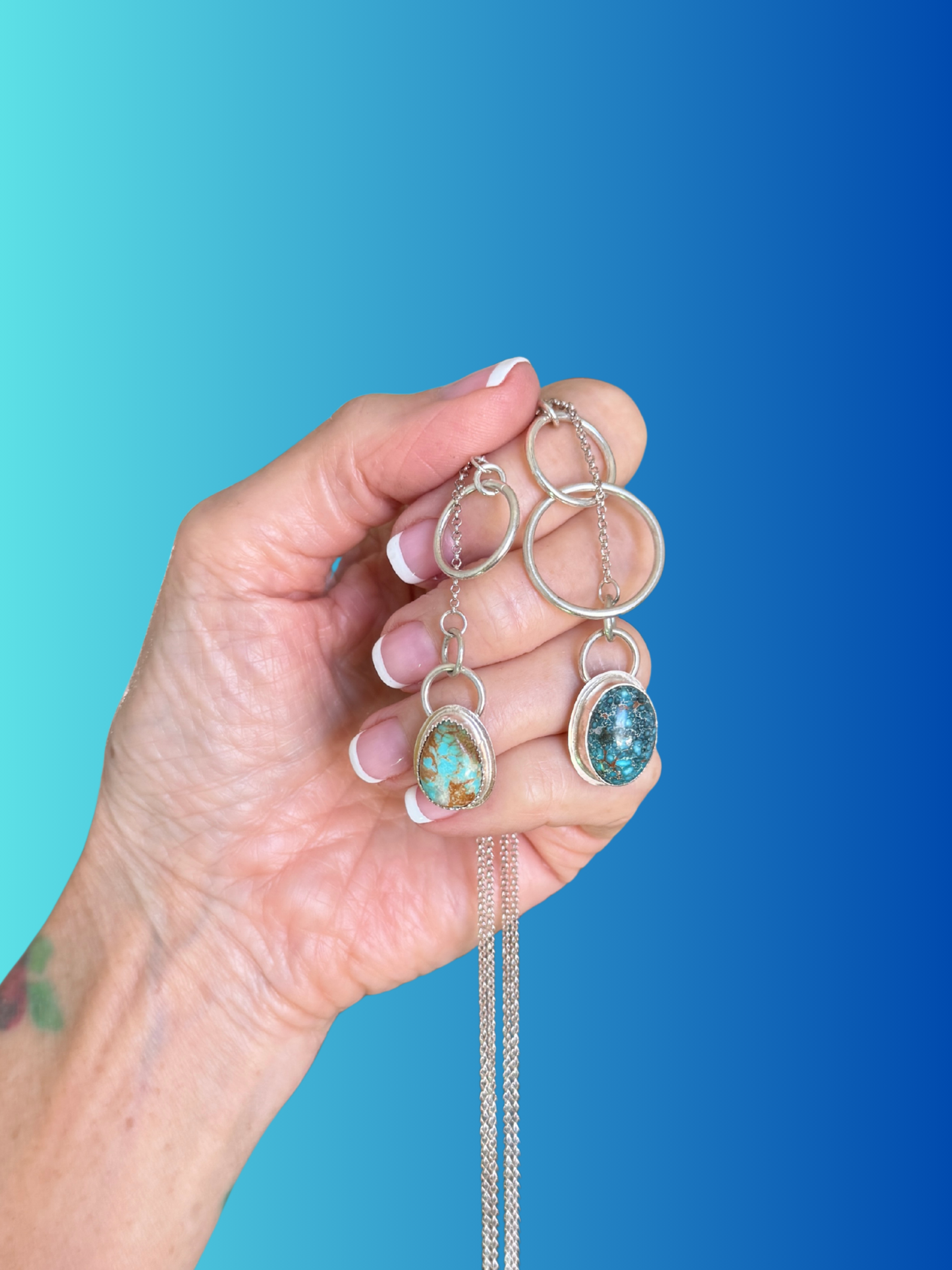 Nevada Turquoise Sterling Silver adjustable lariat necklaces, Handmade