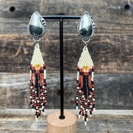 Apache Gold Earrings with Native made beaded fringe: Sterling Silver