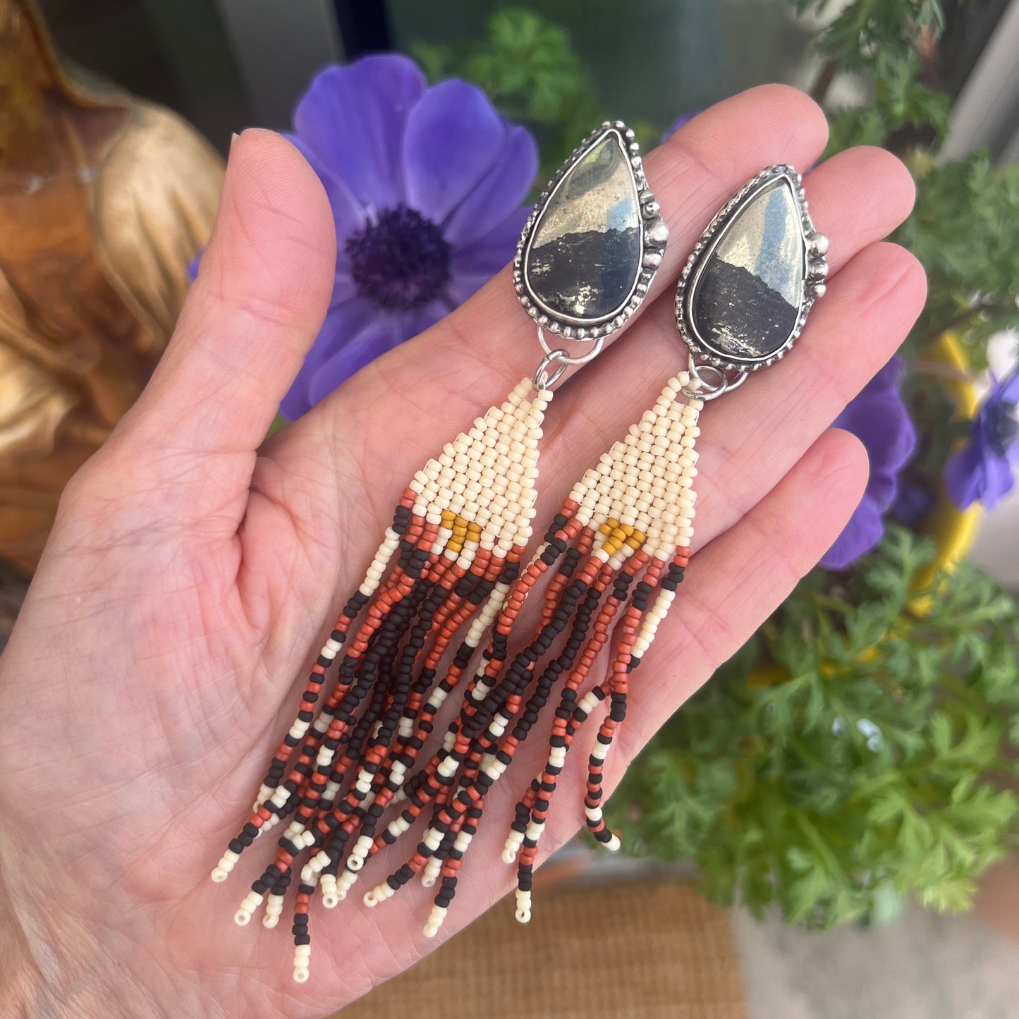 Apache Gold Earrings with Native made beaded fringe: Sterling Silver