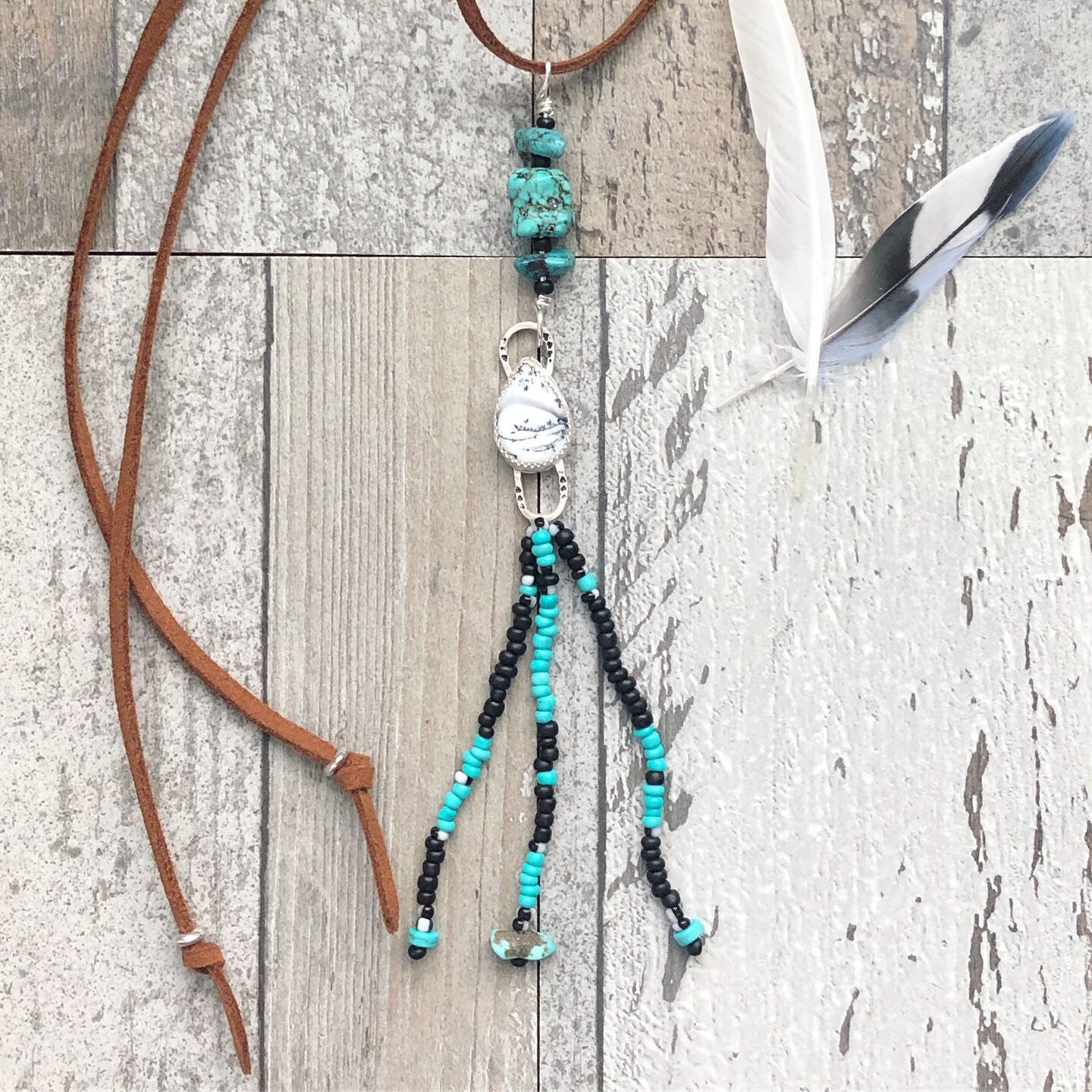 White & Black Dendritic Agate Sterling Silver pendant with turquoise beaded fringe