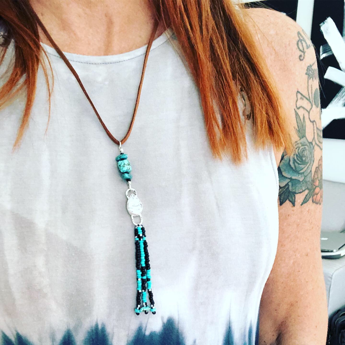 White & Black Dendritic Agate Sterling Silver pendant with turquoise beaded fringe