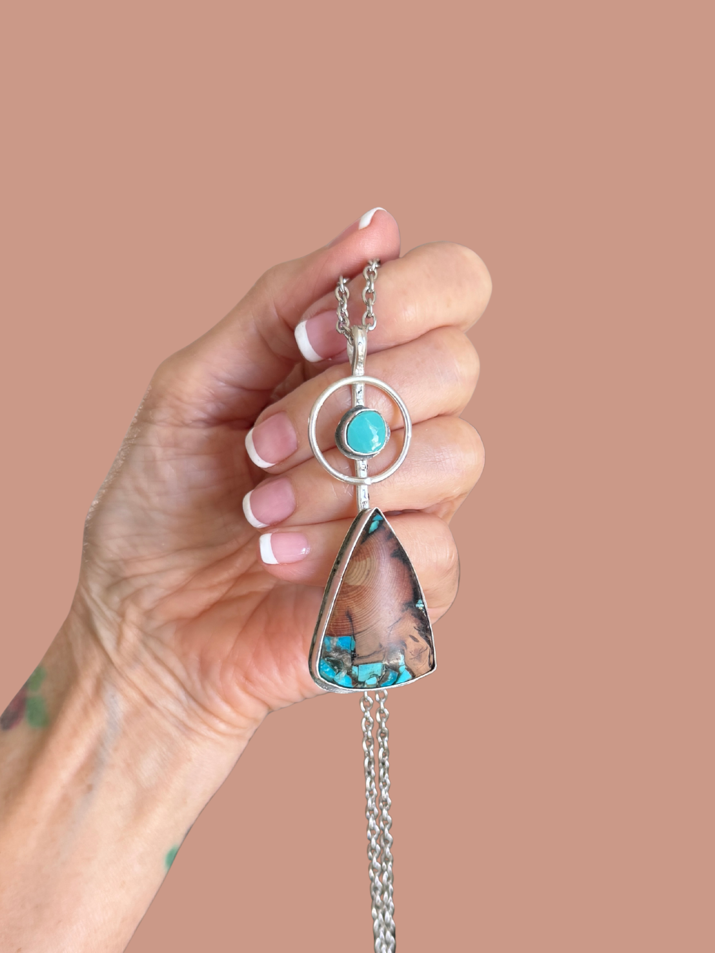 Turquoise and Wood Handmade Sterling Silver Necklace