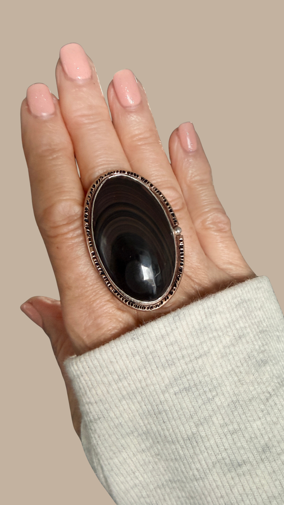 Golden Sheen Obsidian large gemstone mixed metal Ring size 7 1/2