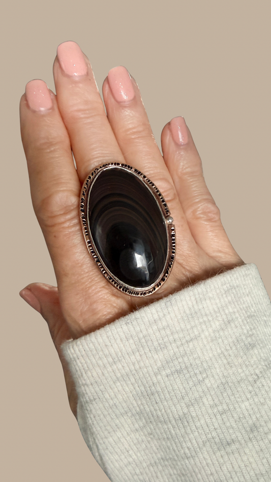 Golden Sheen Obsidian large gemstone mixed metal Ring size 7 1/2