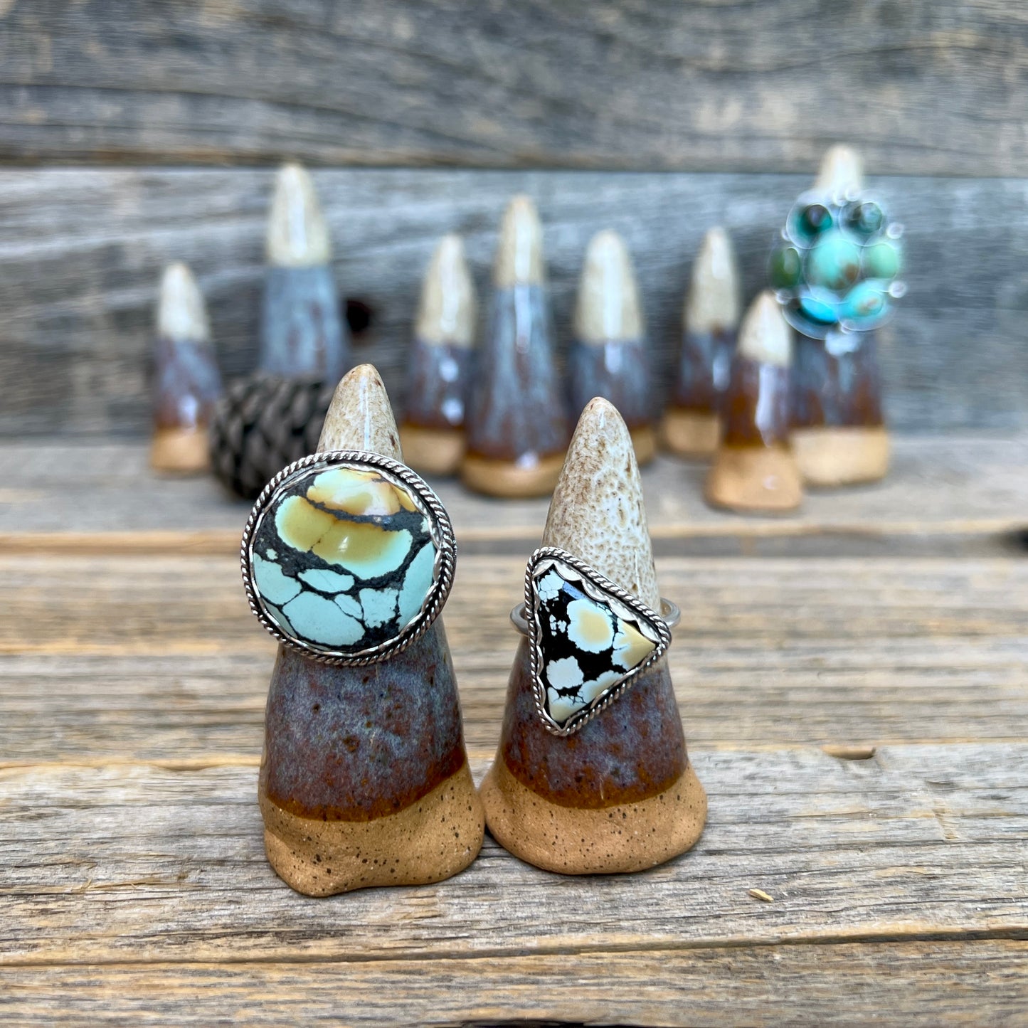 Hubei Turquoise round and tringle rings: Sterling Silver