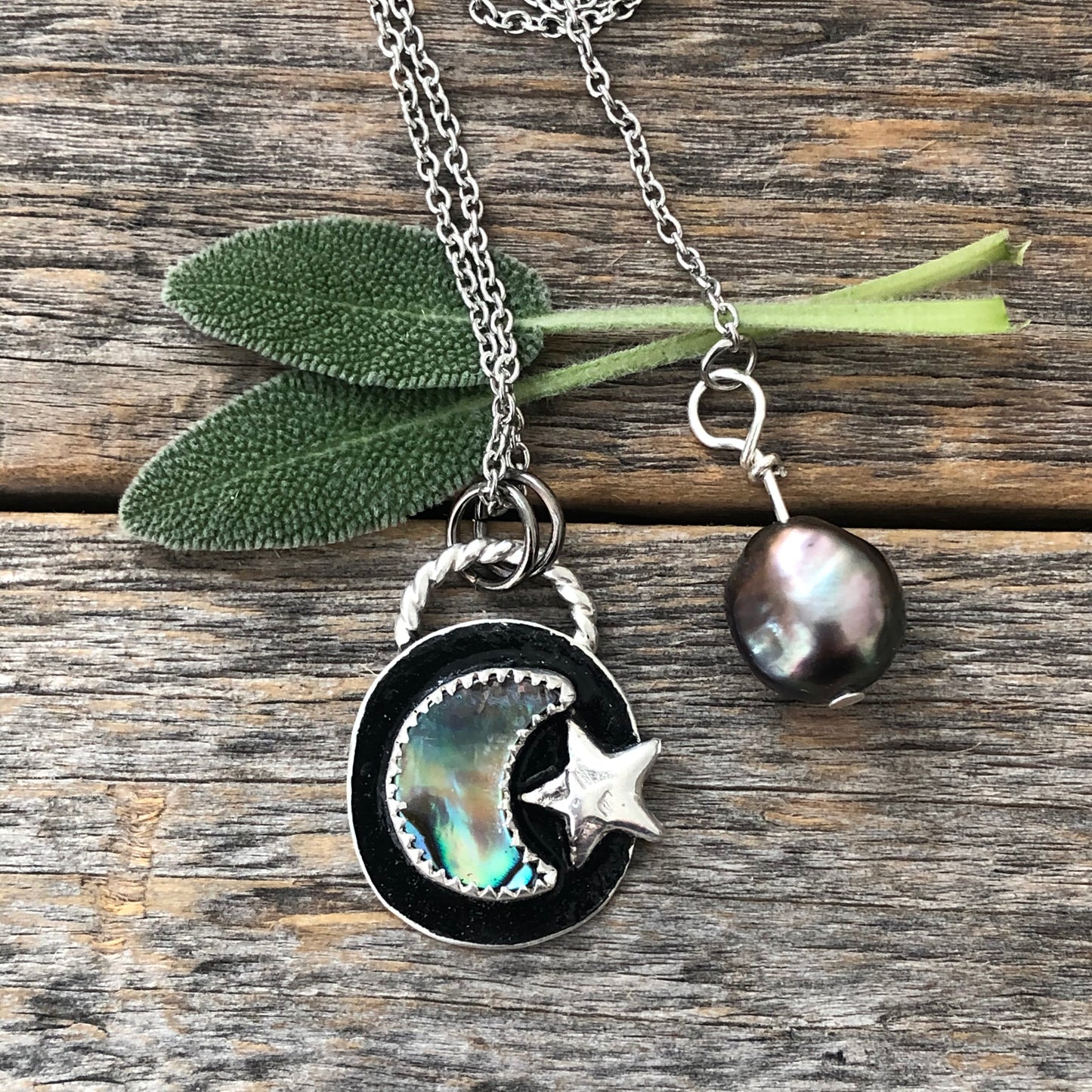 Crescent moon & star Sterling silver necklace with Abalone Shell and Peacock Pearl