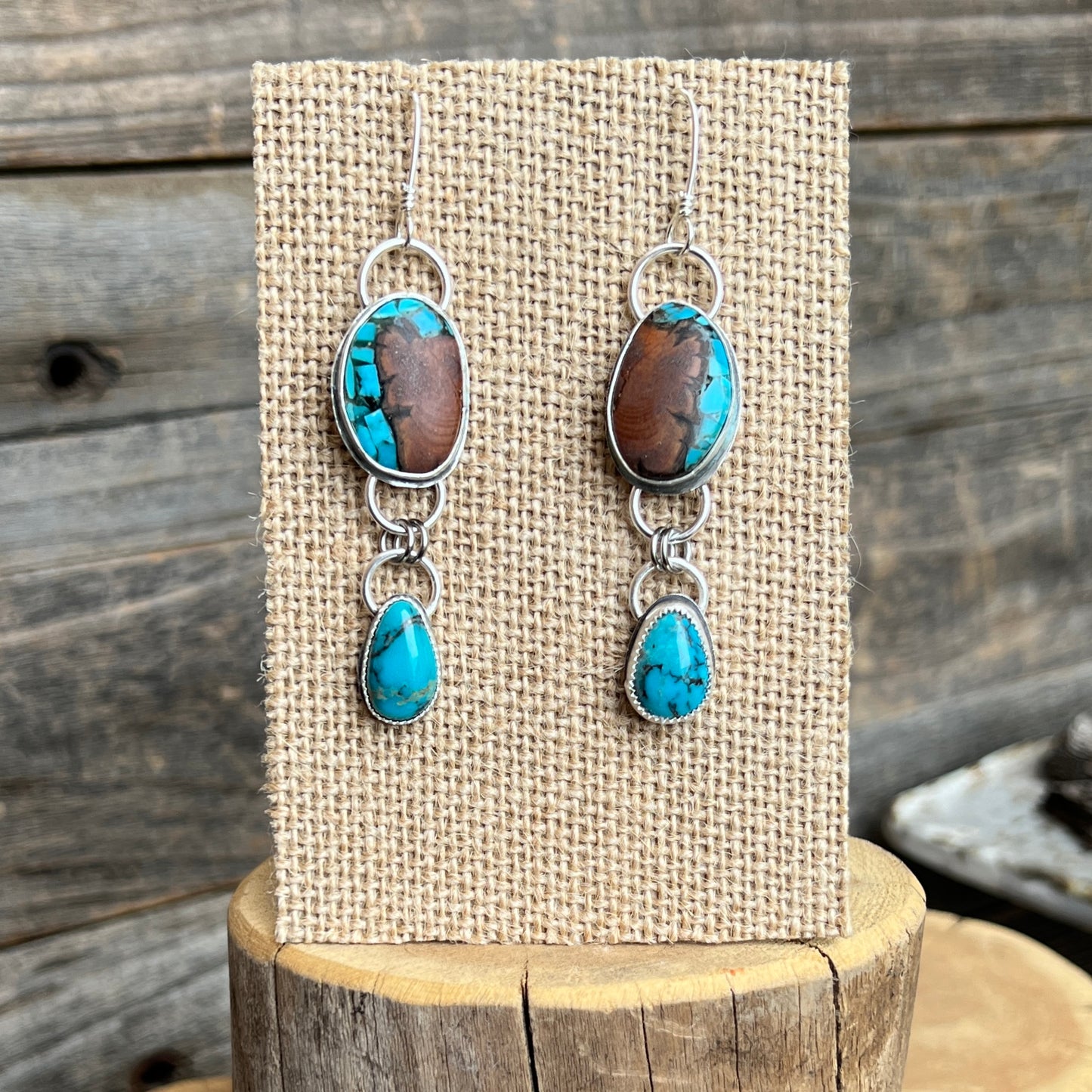 Douglas Fir wood with turquoise inlay handmade Sterling Silver earrings