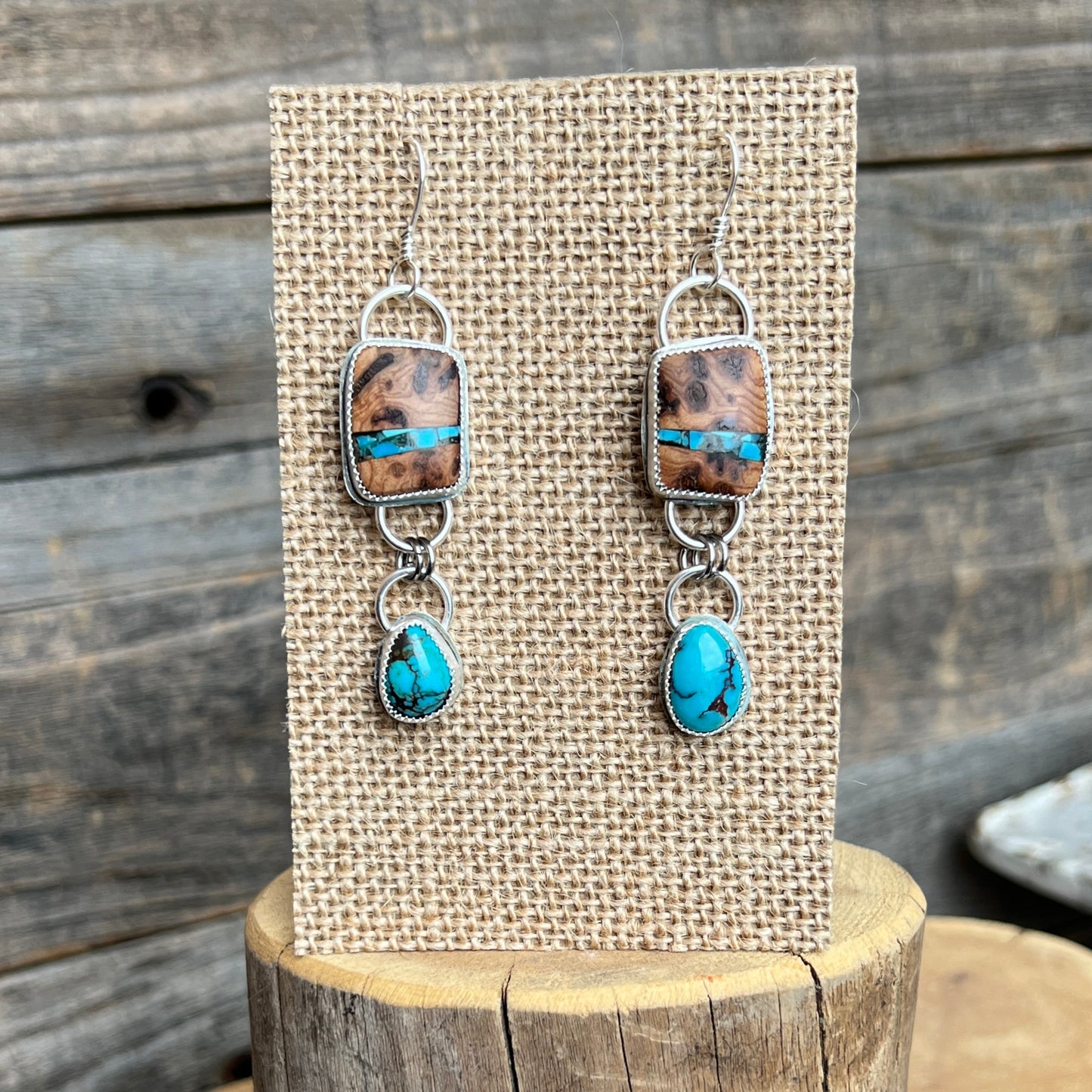 Wood and Turquoise handmade Sterling Silver earrings