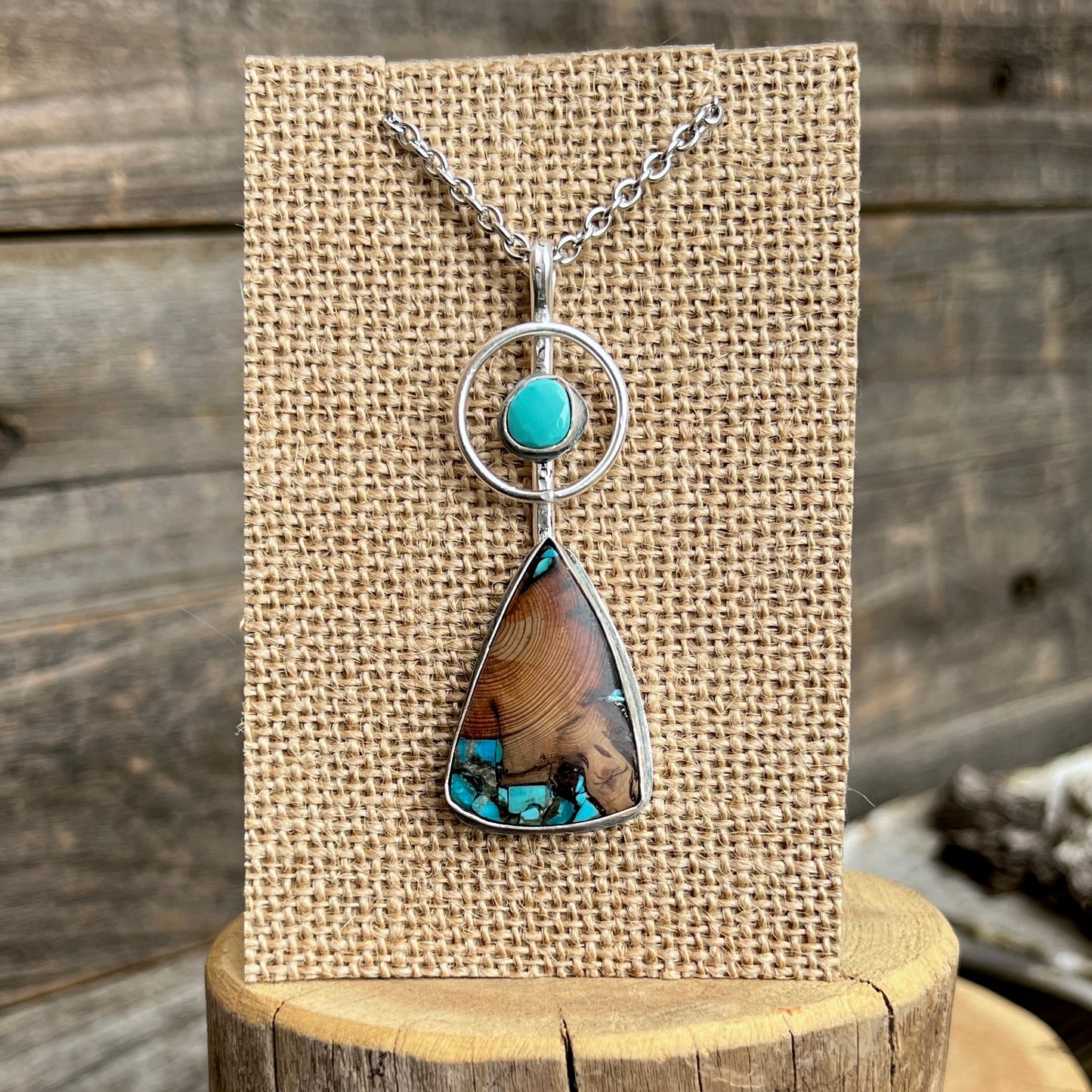 Turquoise and Wood Handmade Sterling Silver Necklace