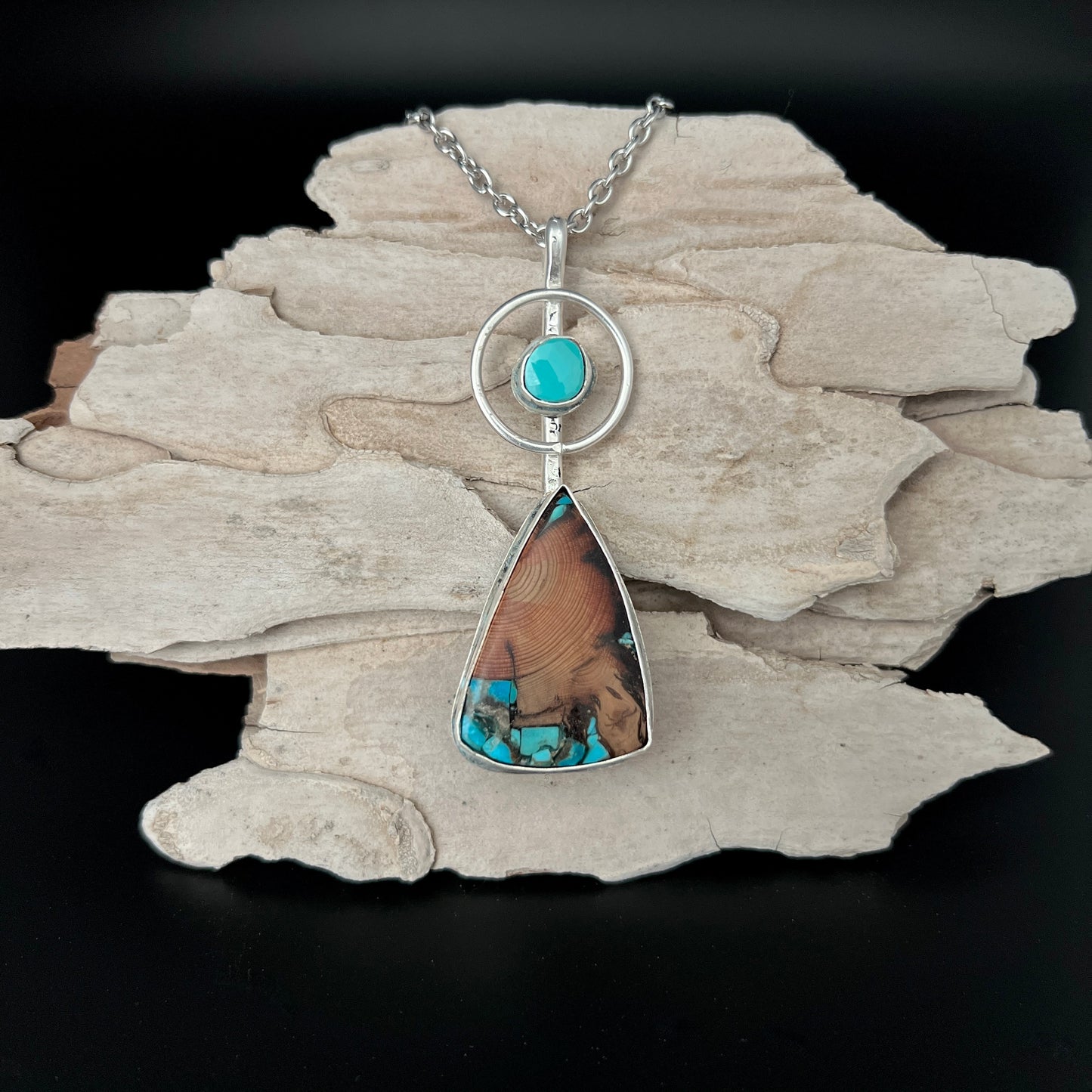 Turquoise and Wood Handmade Sterling Silver Necklace