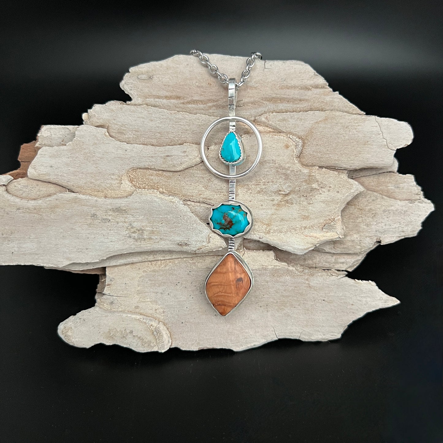 Turquoise and Wood Sterling Silver pendant necklace