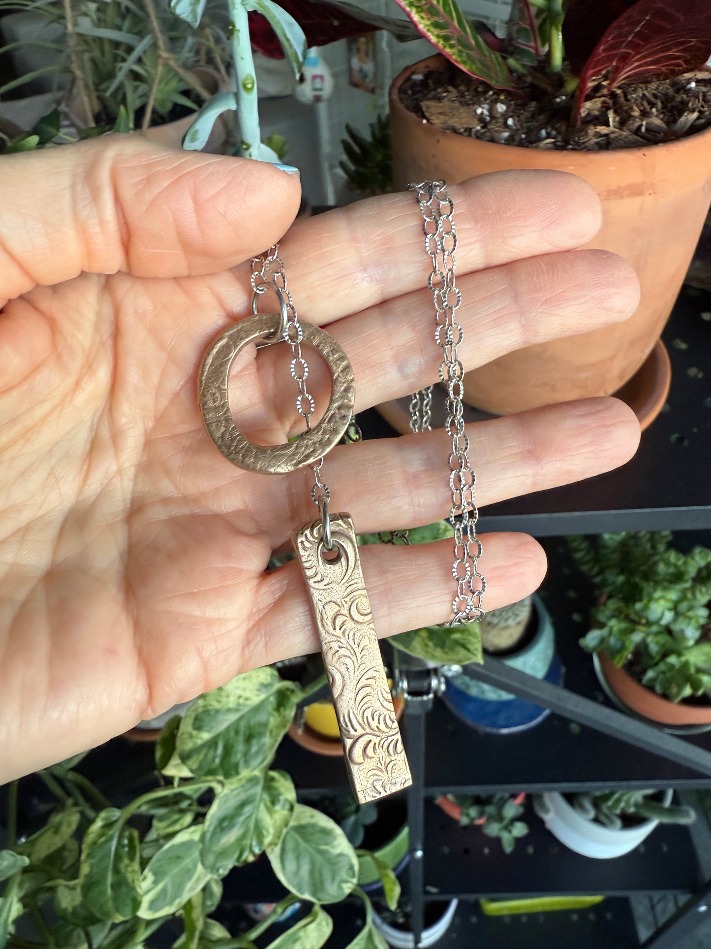 Lariat Necklace: Sterling Silver & Bronze