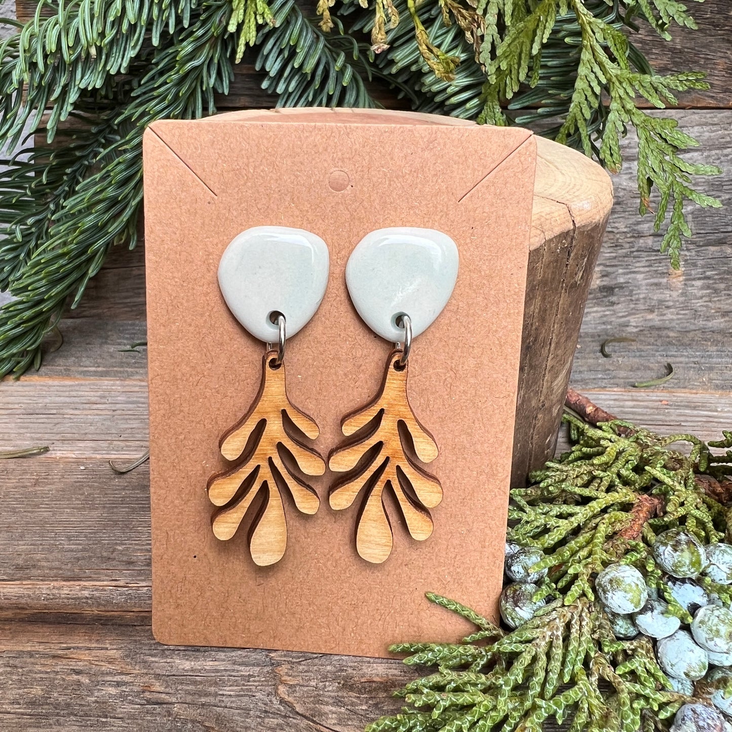 Pale blue porcelain with fun wood dangle, Titanium post earrings