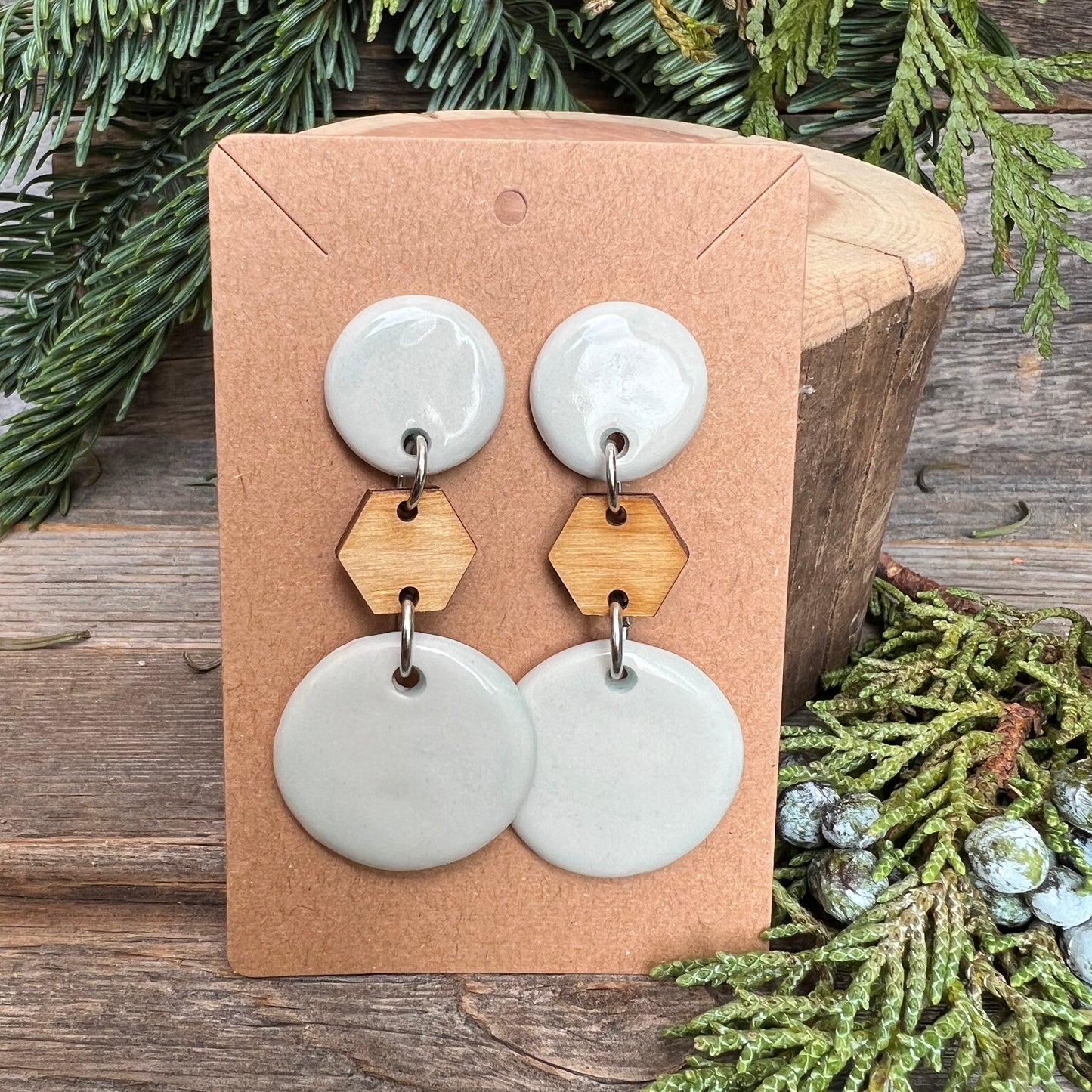 Pale blue porcelain & wood dangles, Titanium post earrings