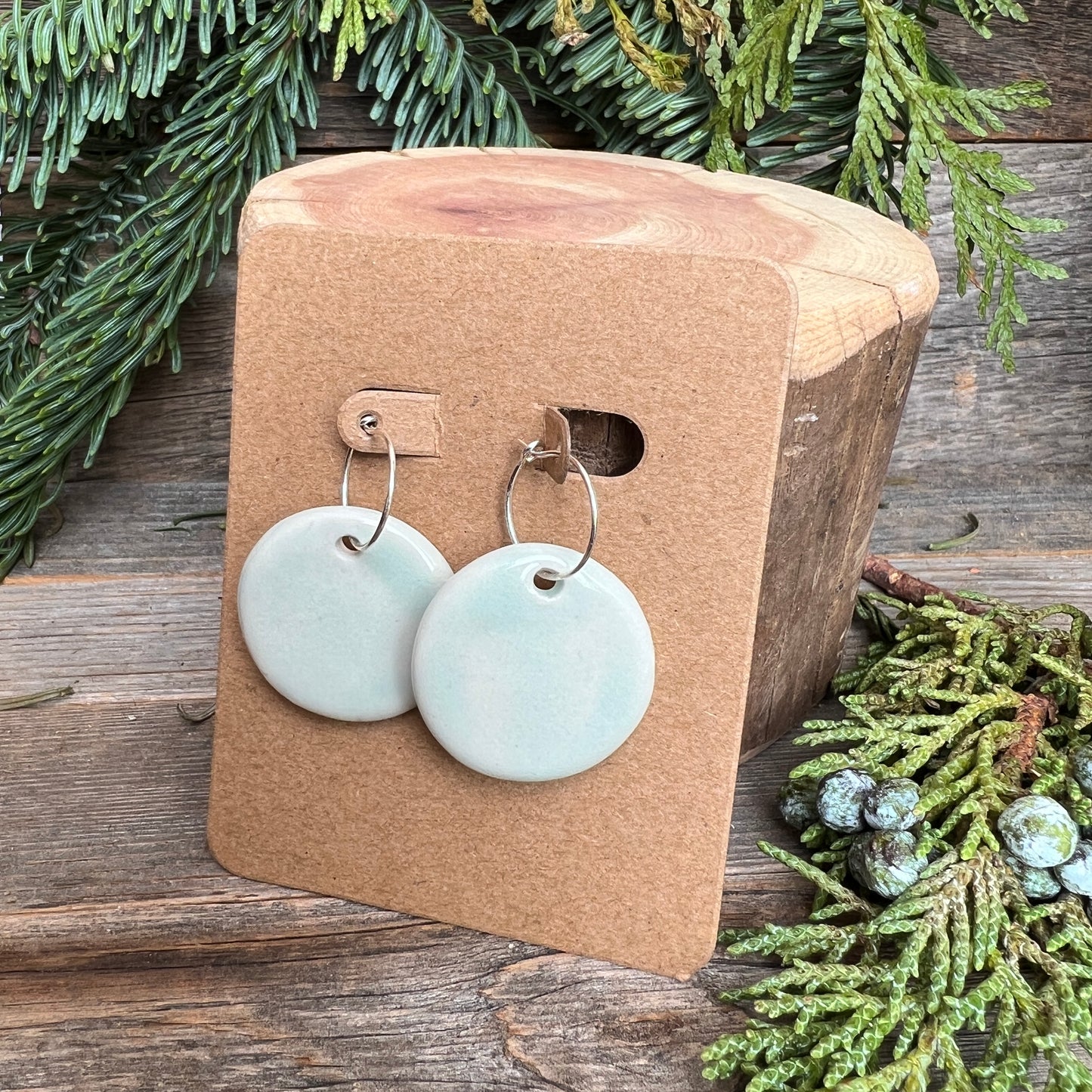 Ice blue round porcelain earrings, Sterling Silver hoops