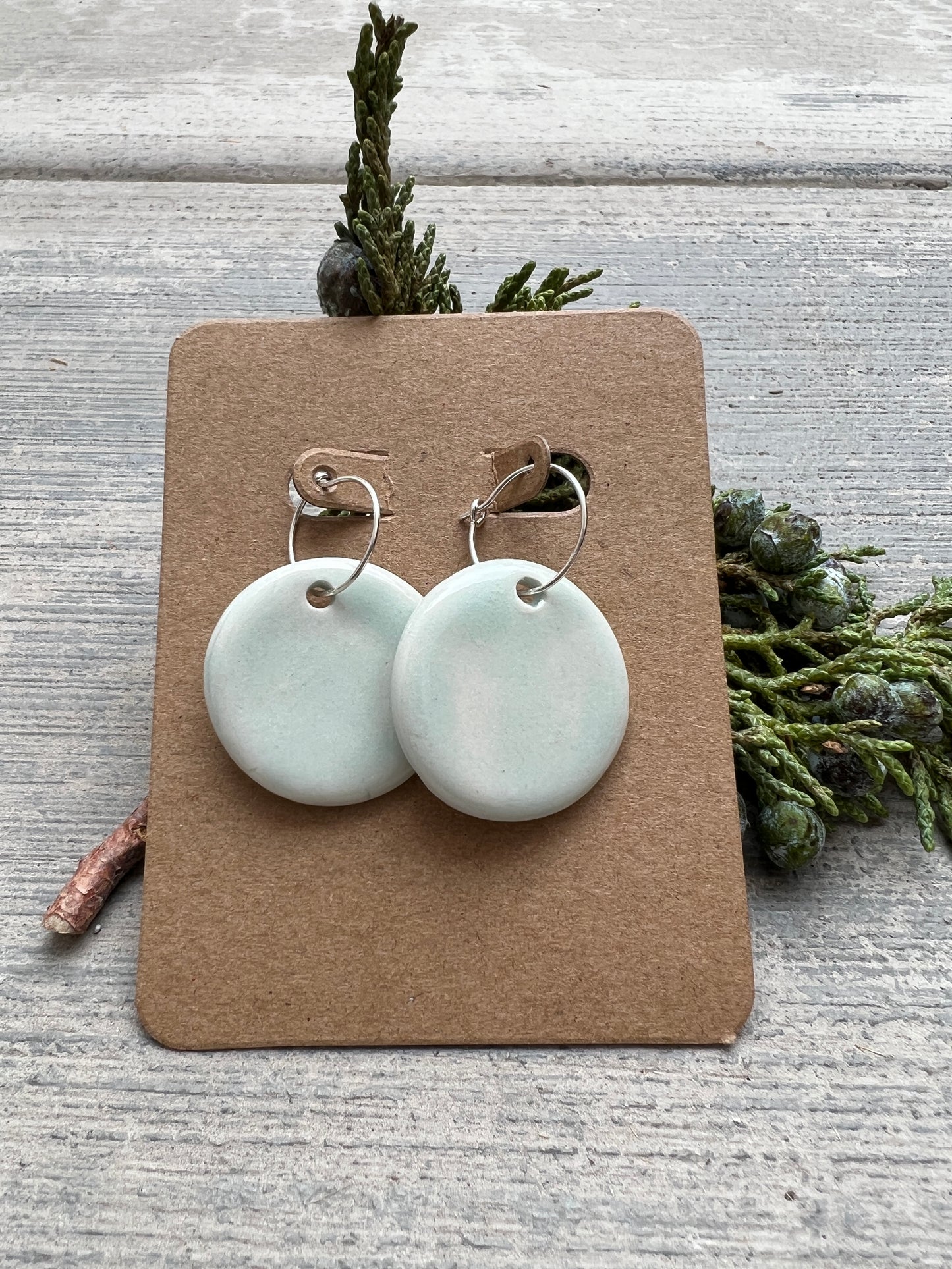Ice blue round porcelain earrings, Sterling Silver hoops