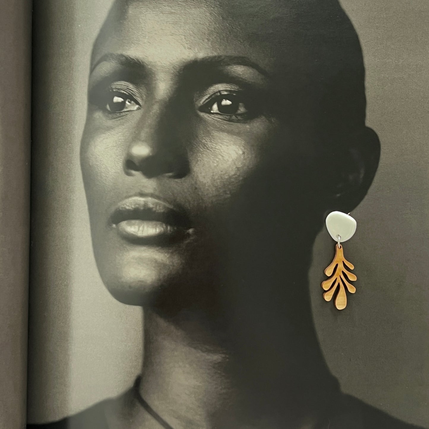 Pale blue porcelain with fun wood dangle, Titanium post earrings