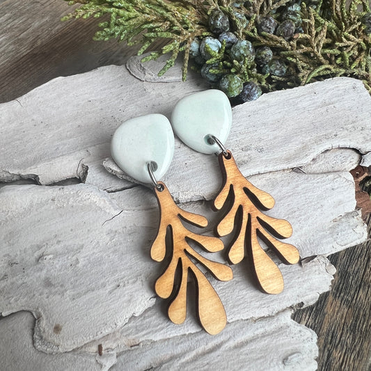Pale blue porcelain with fun wood dangle, Titanium post earrings