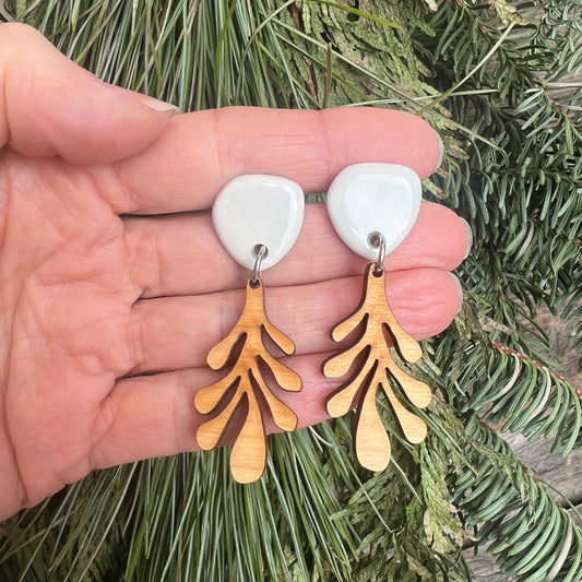 Pale blue porcelain with fun wood dangle, Titanium post earrings