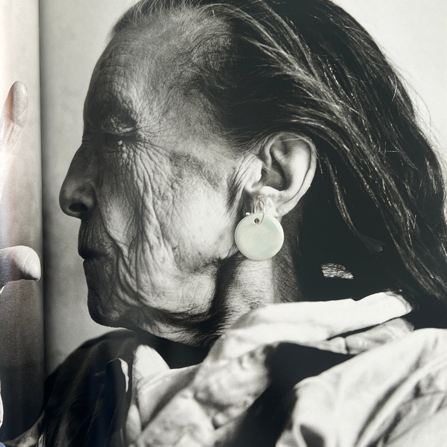 Ice blue round porcelain earrings, Sterling Silver hoops