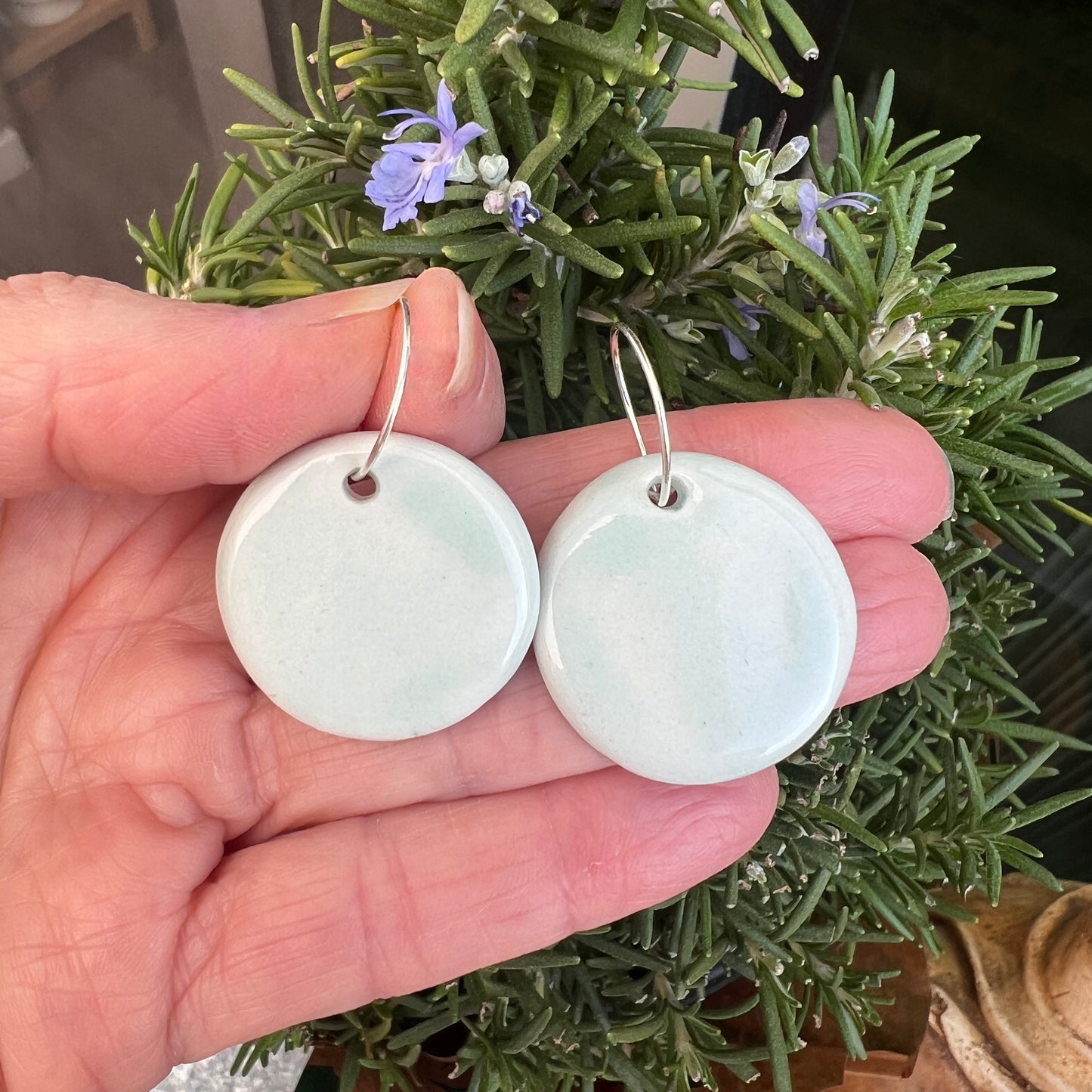 Ice blue round porcelain earrings, Sterling Silver hoops