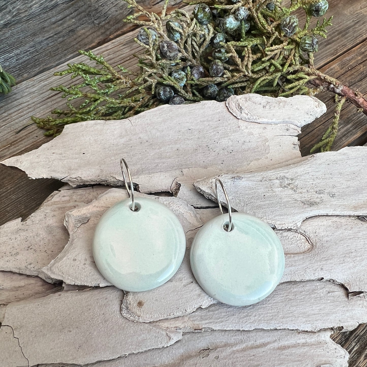 Ice blue round porcelain earrings, Sterling Silver hoops