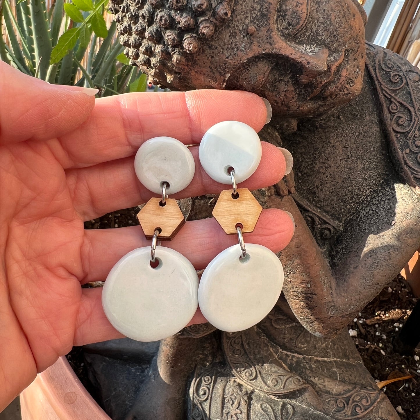 Pale blue porcelain & wood dangles, Titanium post earrings