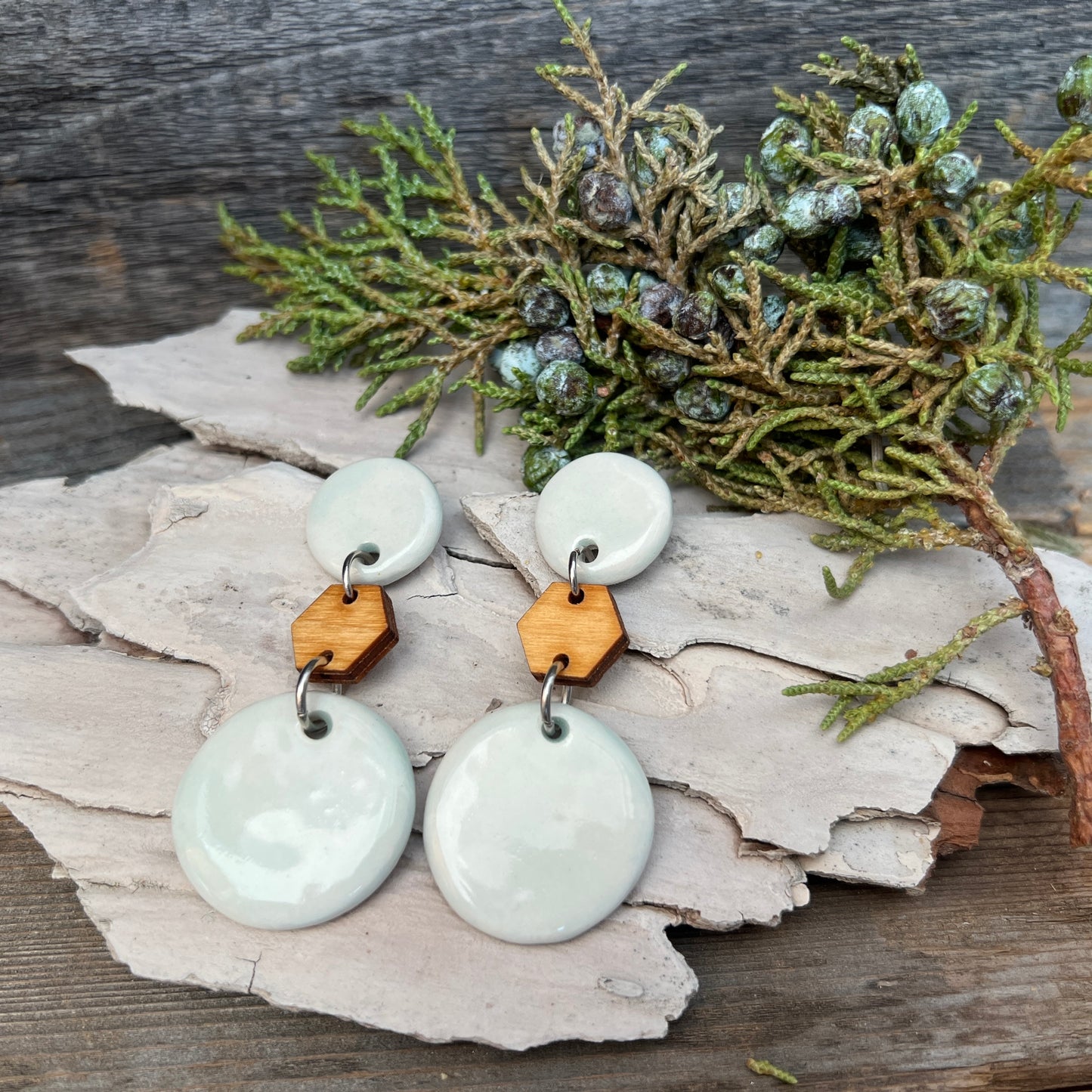 Pale blue porcelain & wood dangles, Titanium post earrings