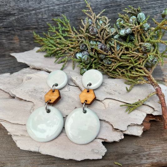 Pale blue porcelain & wood dangles, Titanium post earrings
