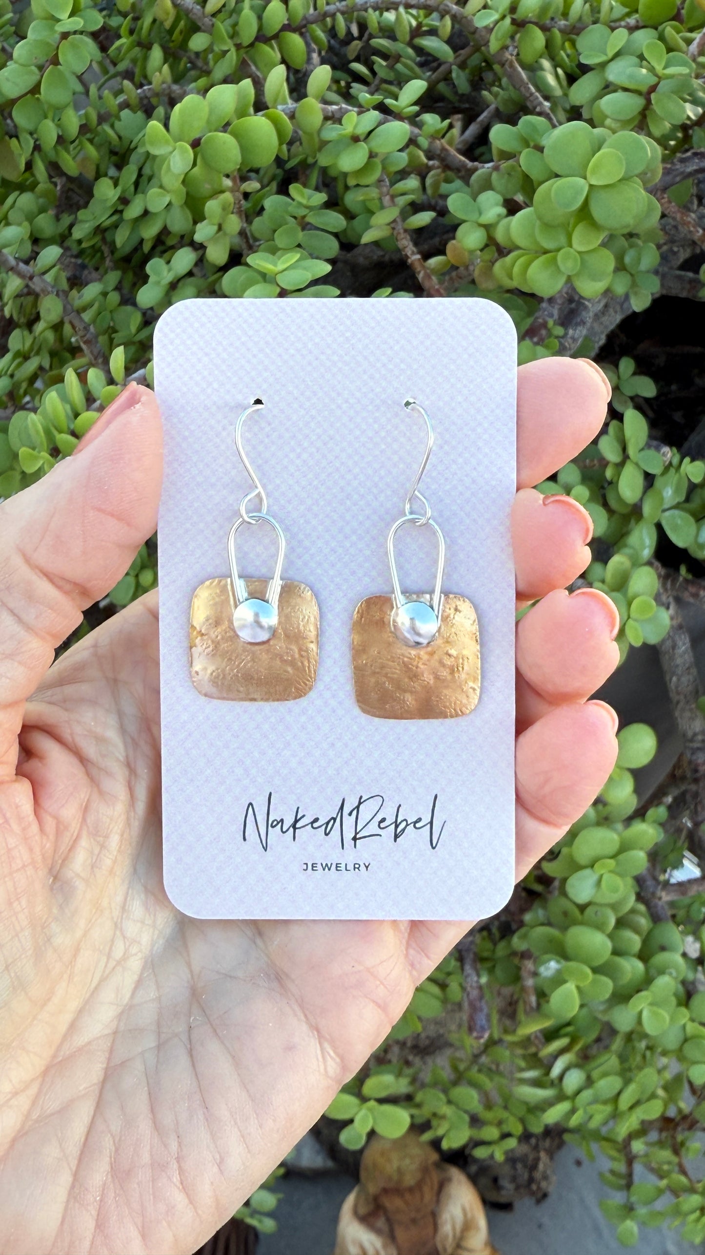 Gold and Silver hammered earrings, square dangles