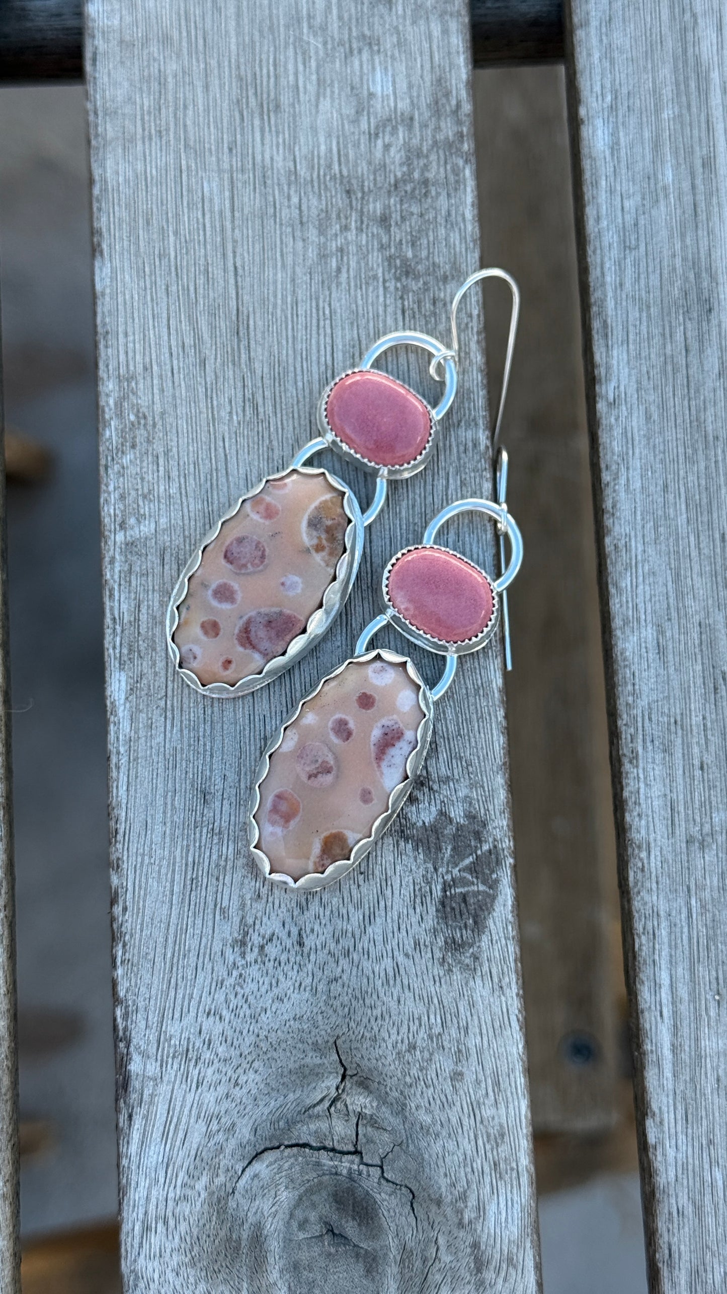 Bambi fawn jasper and pink porcelain Sterling Silver earrings