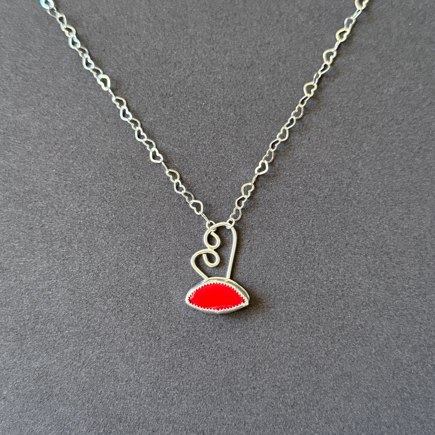 Red Rosarita pendant with heart chain: Sterling Silver