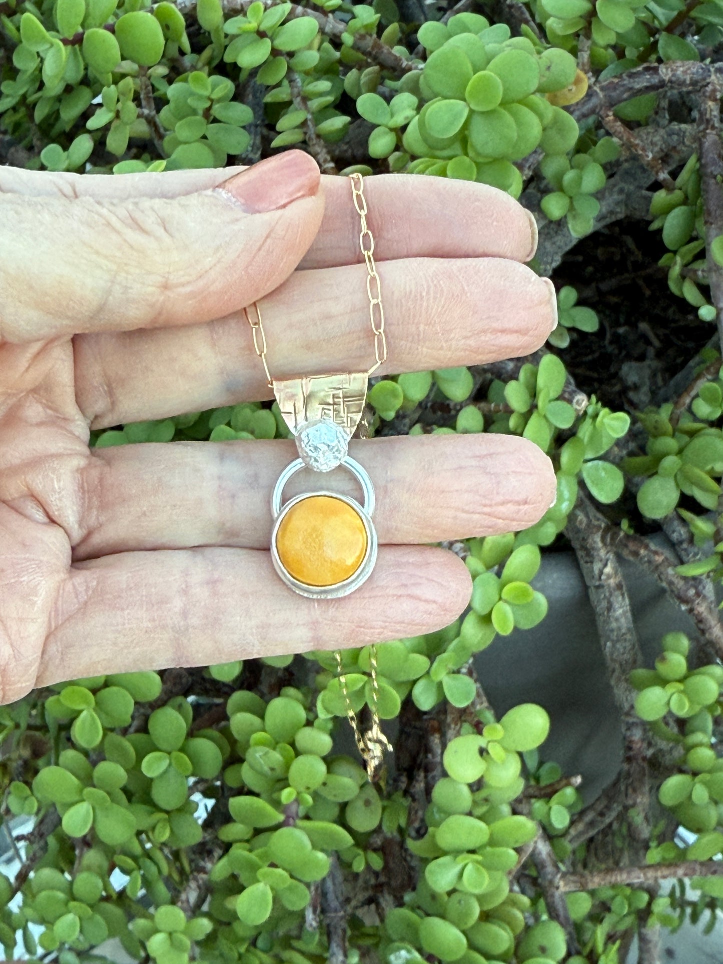 Yellow ceramic pendant in gold and sterling silver, 14K GF necklace