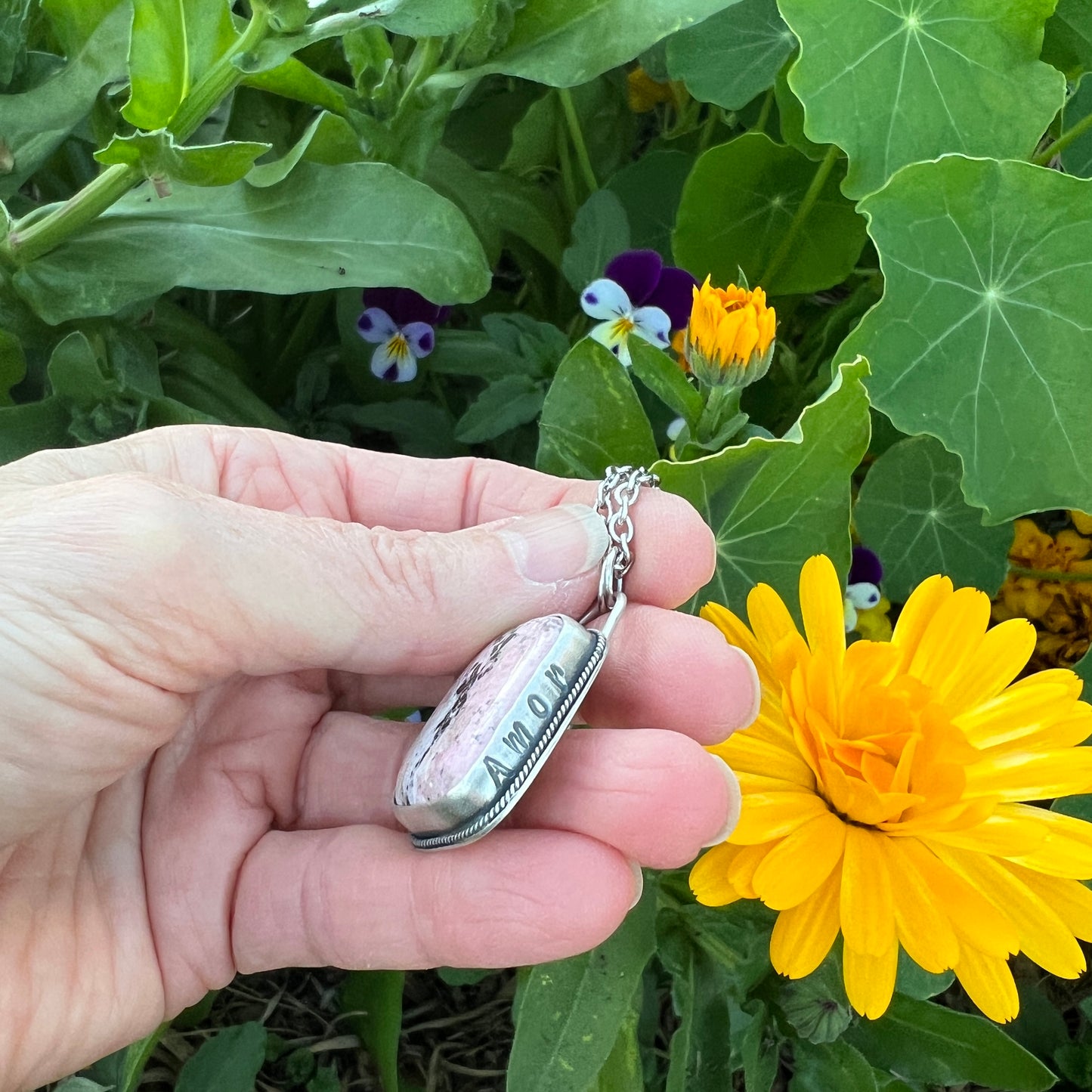 Amore in Pink: Rhodonite Sterling Silver Pendant Necklace