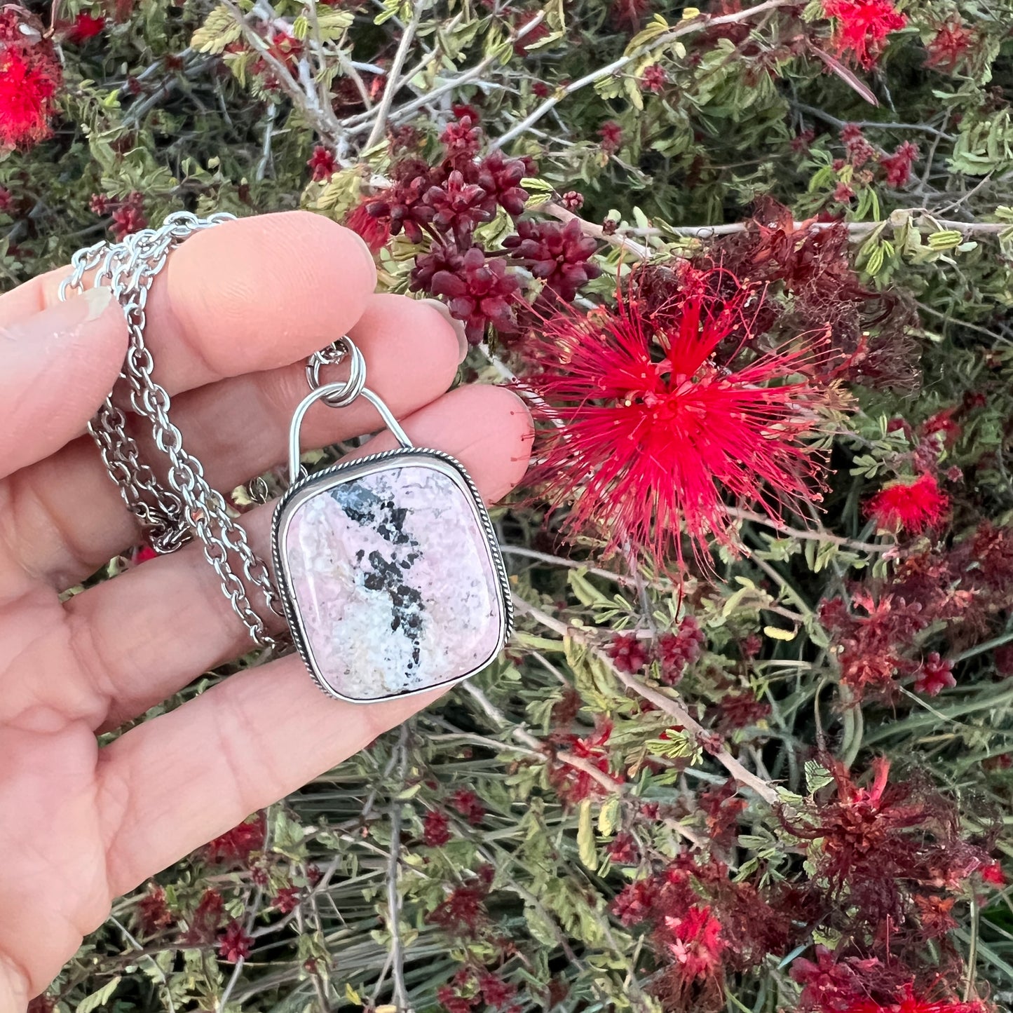 Amore in Pink: Rhodonite Sterling Silver Pendant Necklace