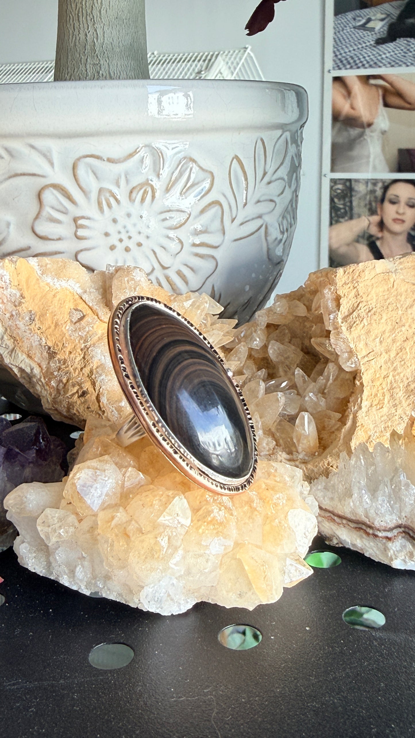 Golden Sheen Obsidian large gemstone mixed metal Ring size 7 1/2